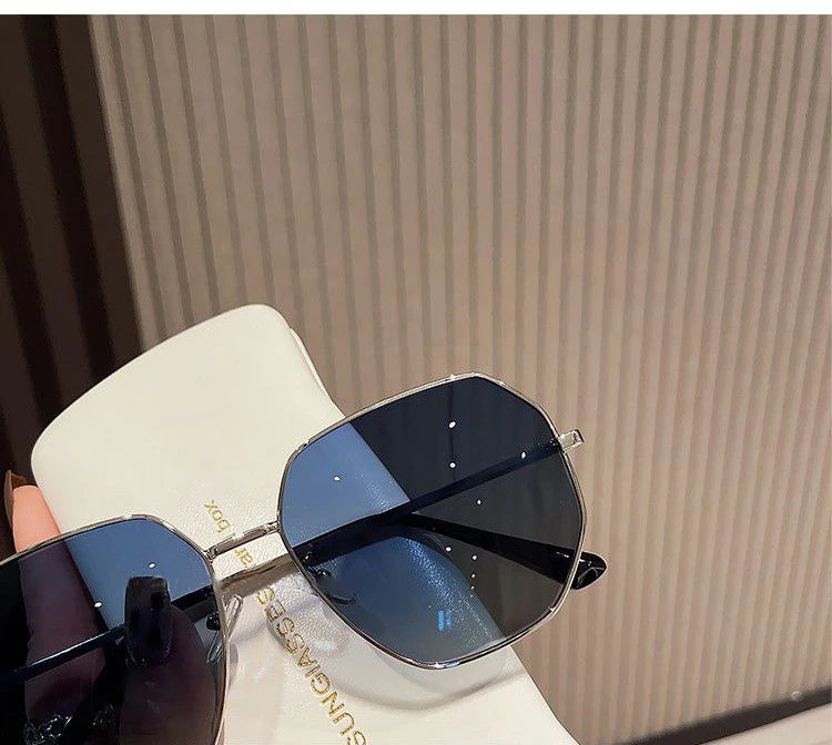 Unisex Transparent Blue Sunglasses - Large Frame Polygonal Metal Eyewear