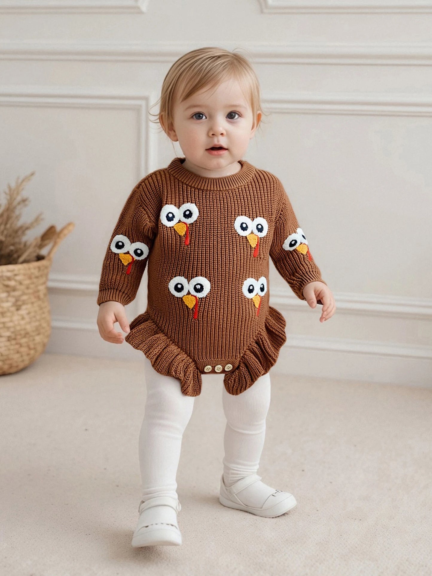 Baby Thanksgiving Knit Romper - Turkey Embroidery Long Sleeve Ruffle Bodysuit Sweater