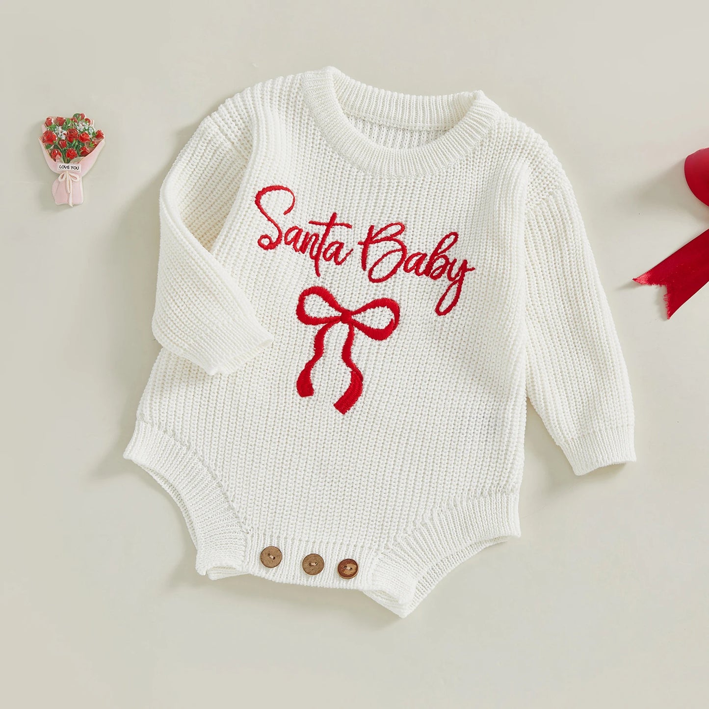 Baby Christmas Romper Sweater - Letter Bow Embroidery Ribbed Long Sleeve
