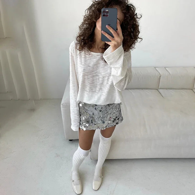 Women's High Waisted Sequins Skirt - Hip Wrap Mini Splice Glitter Skirt