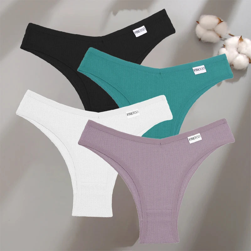 Women's 4Pcs Cotton Breathable Underwear Panties Low-Waist Waffle G-string Stretch Briefs Soft Lingerie