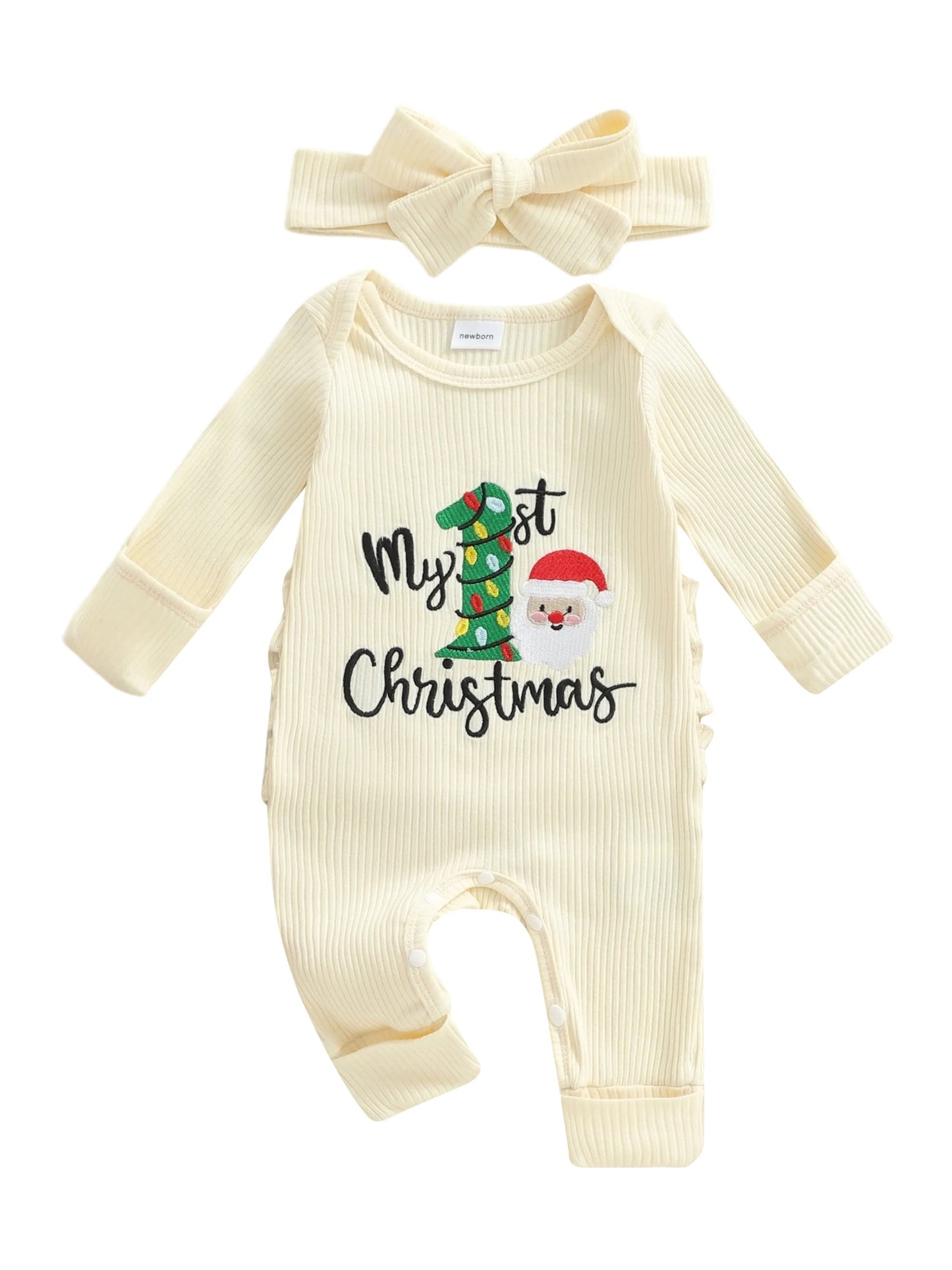 Newborn Baby Christmas Romper with Headband - Long Sleeve Xmas Tree Embroidery Jumpsuit