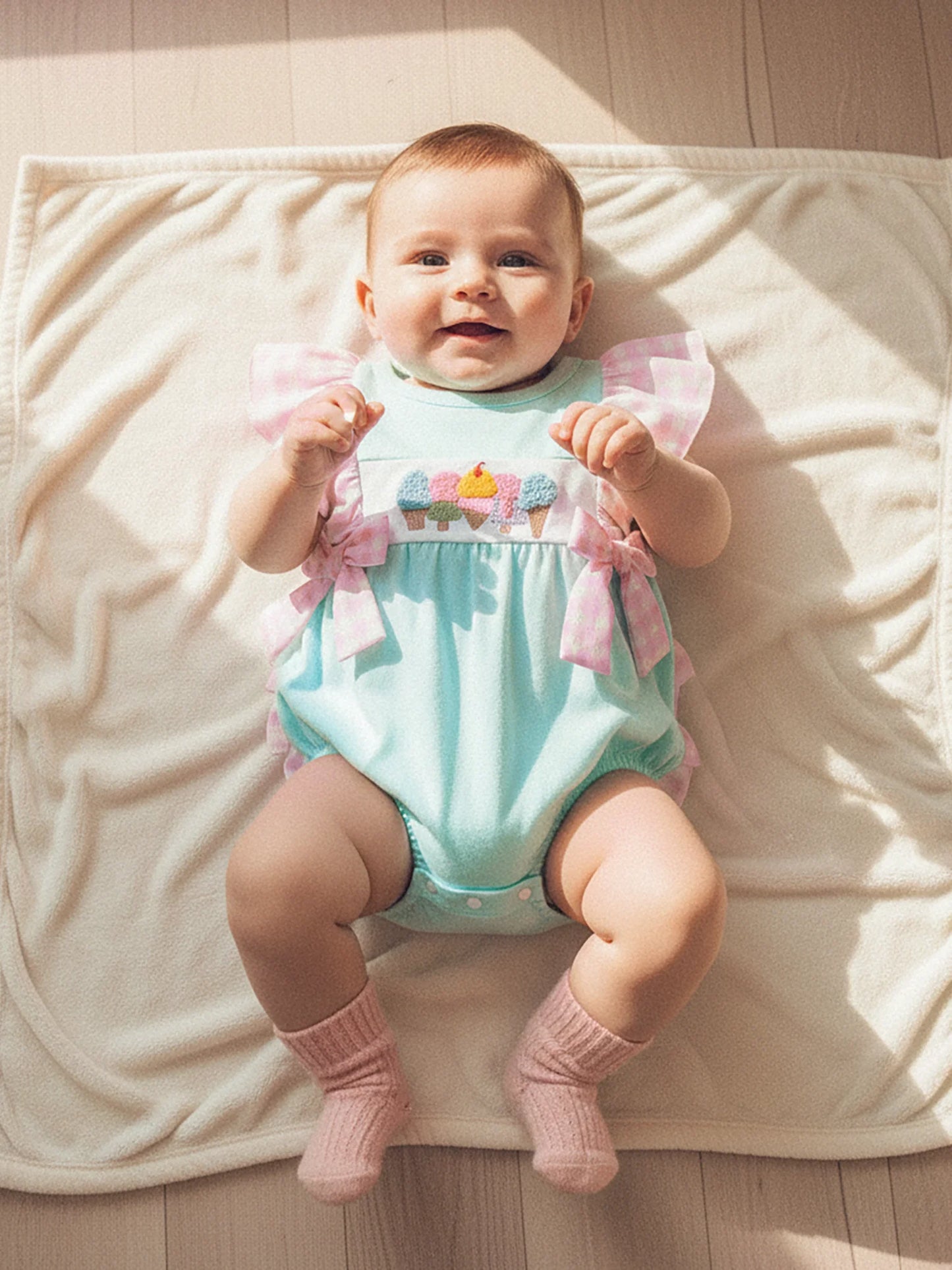 Baby Summer Romper - Plaid Flutter Sleeve Ice Cream Embroidery Jumpsuit