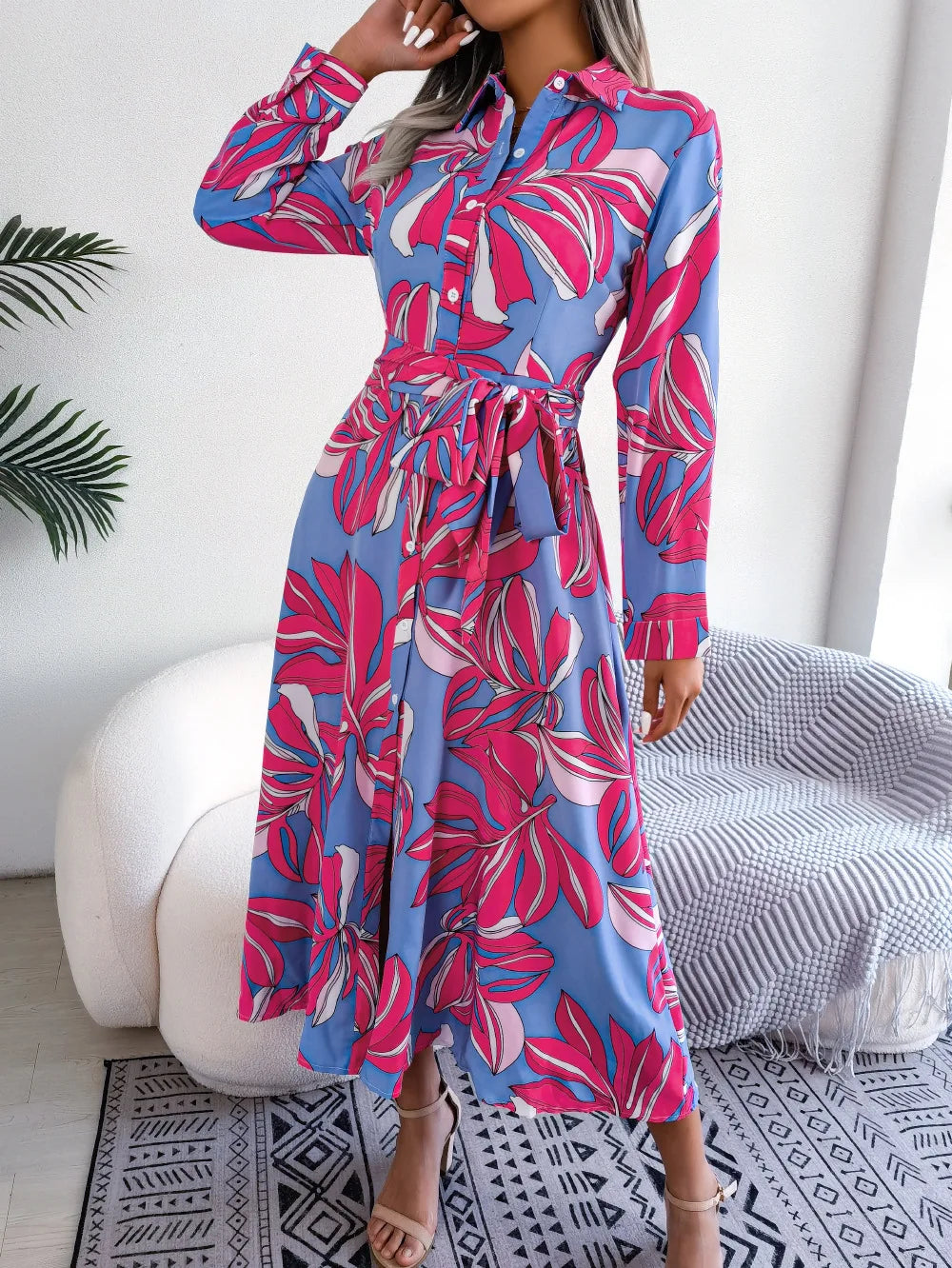 Women's Spring Summer Contrast Floral Polo Collar Lace Up Shirt Single Breasted Long Dress