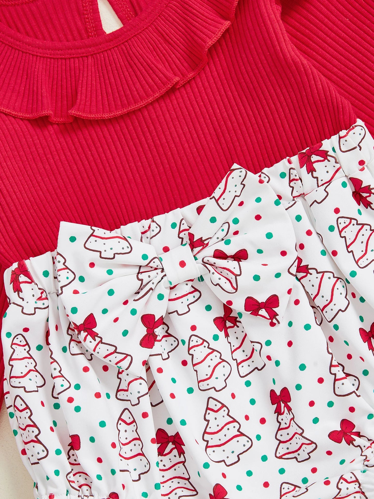 Baby Girls Christmas Romper Set - Santa Tree Bow Print Long Sleeve Ruffle Jumpsuit with Headband & Socks