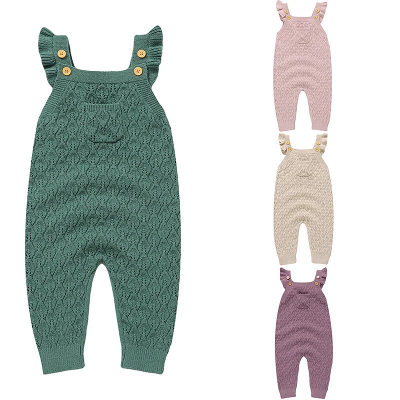 Baby Autumn Romper - Solid Ruffles Fly Sleeve Knit Jumpsuit Overalls Sweater
