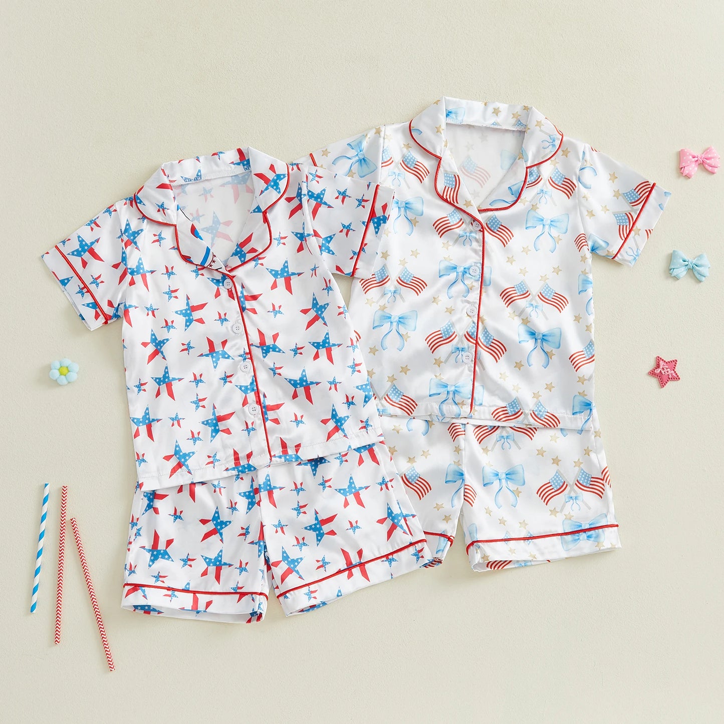0-6Y Summer Kids Girls Pyjamas Clothes Set Summer Star/Bow Print Button up Short Sleeves Shirt with Elastic Shorts