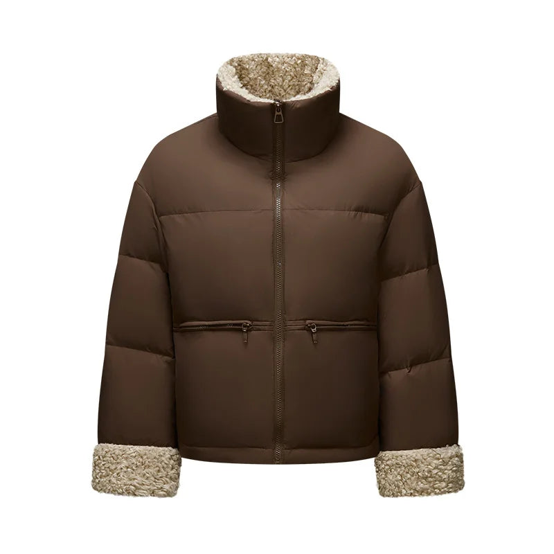 Down Jacket Women Loose Solid Color Winter Patchwork Imitation Lamb Wool Stand-Up Collar Textured