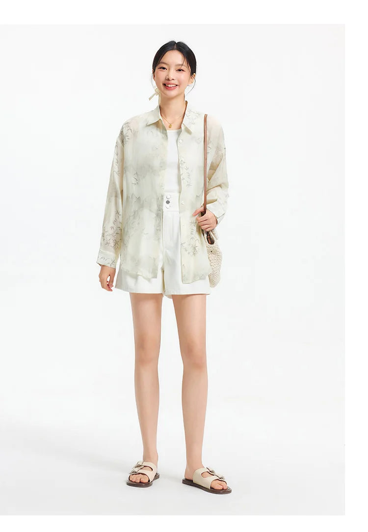 Women's Long Sleeve Oversized Shirt - Mid-Length Relaxed Fit with Artistic Ink Print