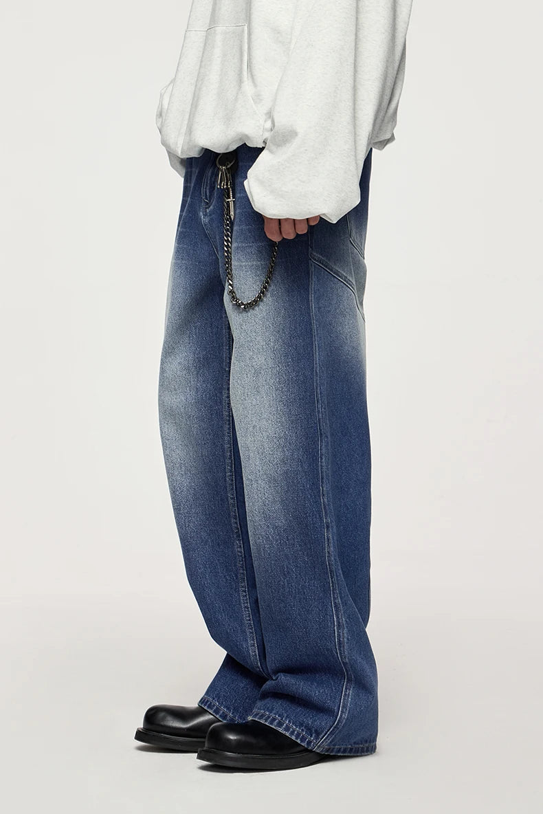 Unisex Retro Washed Jeans Stretch Straight Leg Denim Trousers