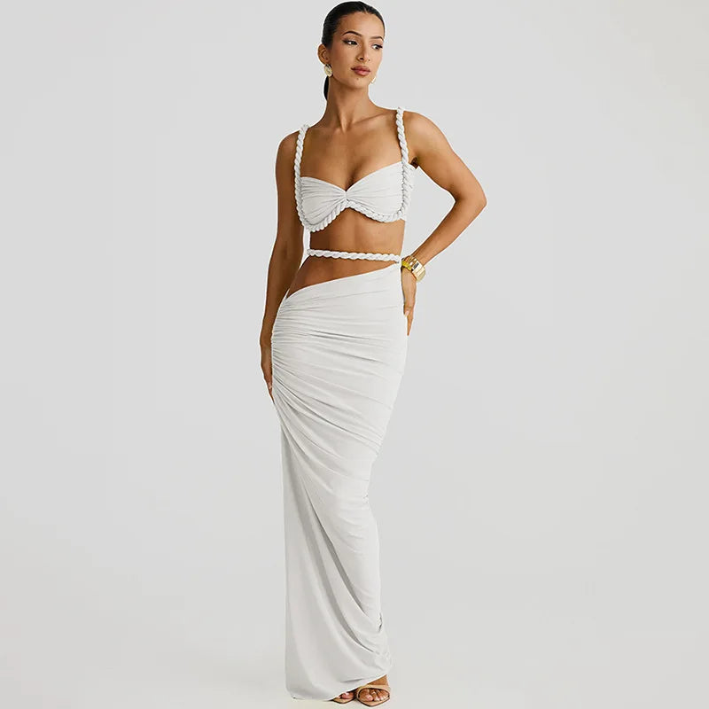 Women's Ruched Bandage 2 Piece Set Backless Decorative Cord Top and Skirt Dress Set