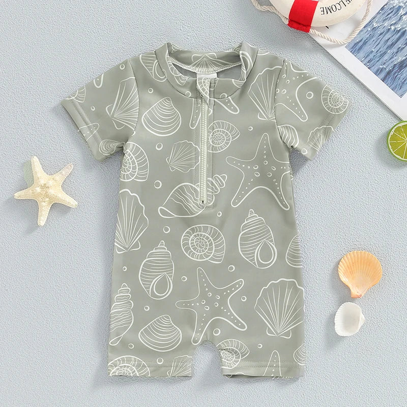 0-3Y Infant Baby Boys Summer Swimwear Cute Sea Element Prints Zipper Short Sleeve Swimsuit Beachwear