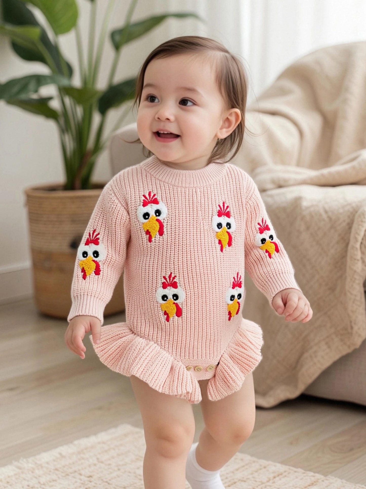 Baby Thanksgiving Knit Romper - Turkey Embroidery Long Sleeve Ruffle Bodysuit Sweater