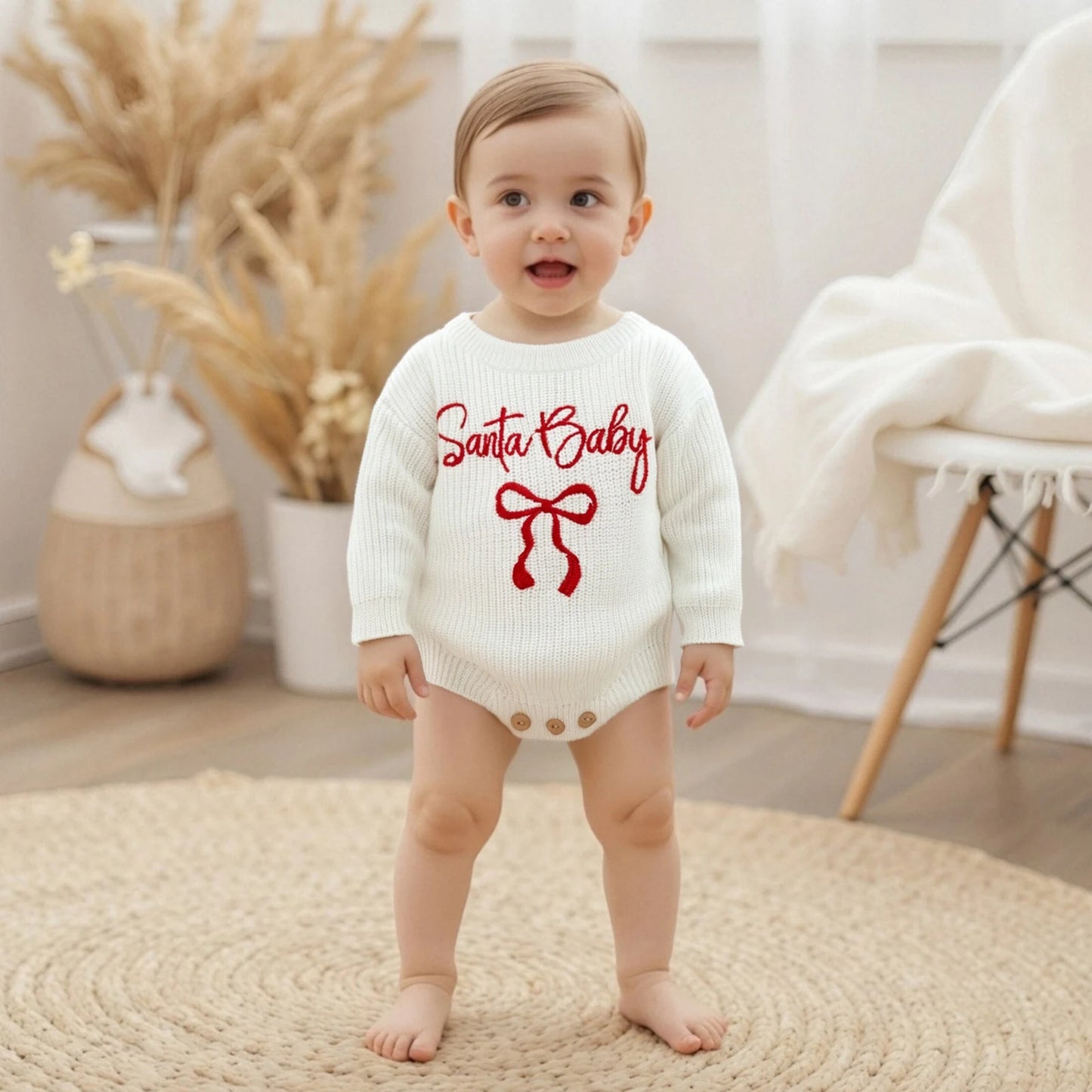 Baby Christmas Romper Sweater - Letter Bow Embroidery Ribbed Long Sleeve