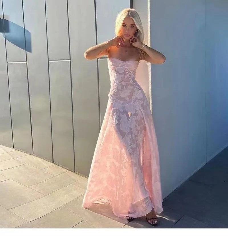 Women's See Through Spaghetti Maxi Plunge Off Shoulder Floral Mesh Patchwork Long Dress
