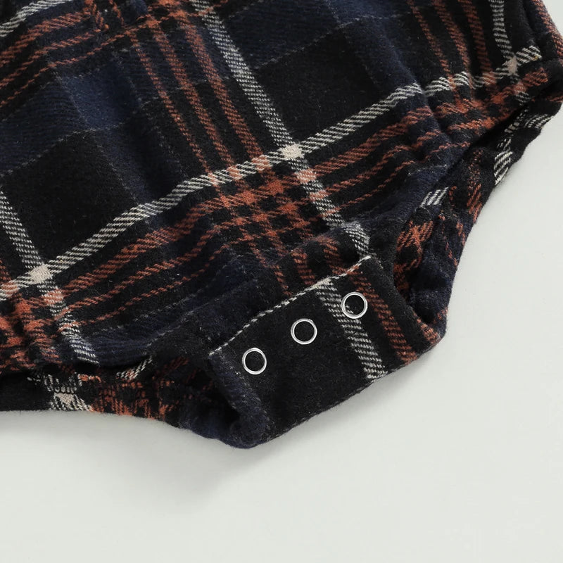0-24M Infant Baby Boys Gentlemen Romper - Long Sleeve Turn Down Collar Plaid Printed Jumpsuit