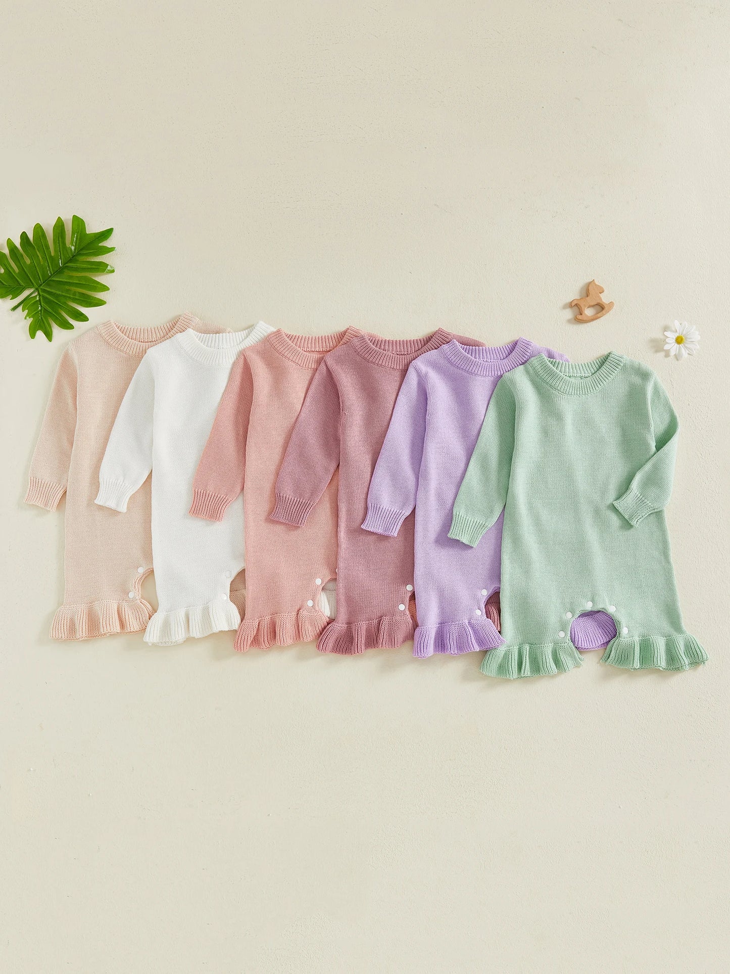 Baby Girl's Knit Romper - Long Sleeve Crew Neck Solid Jumpsuit Sweater