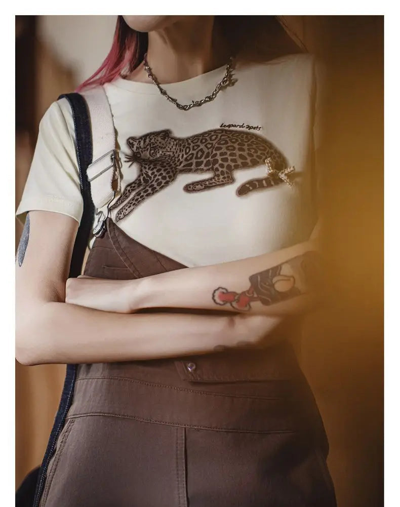 Women's Animal Print Short Sleeve T-Shirt - Vintage Crew Neck Tee