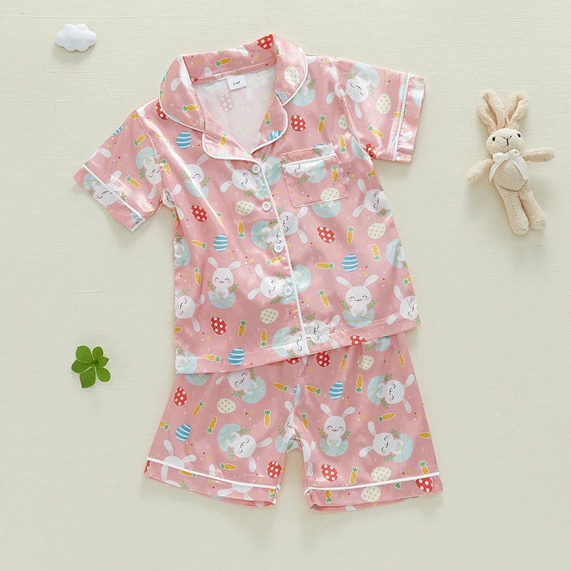 1-7Y Kids Girls Easter Pyjamas Clothes Set Rabbit Carrot Print Button Down V Neck Short Sleeve Tops and Shorts