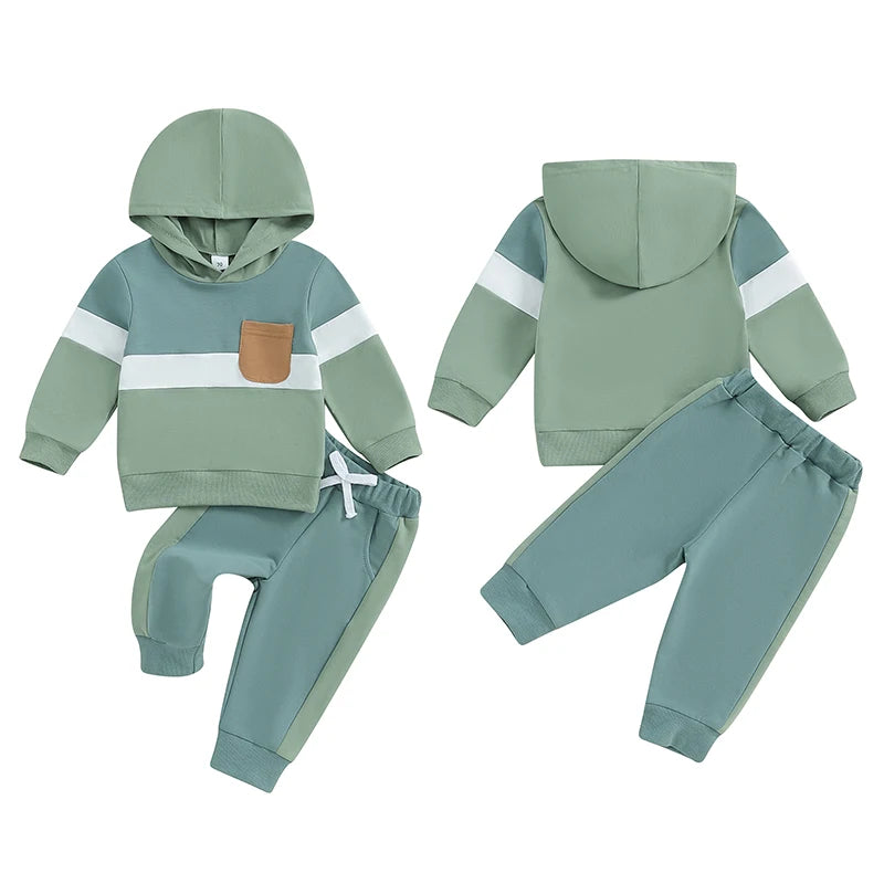 0-4Y Toddler Kids Boys Girls Fall Clothes Set Color Patchwork Long Sleeve Hooded Sweatshirt and Elastic Waist Pants