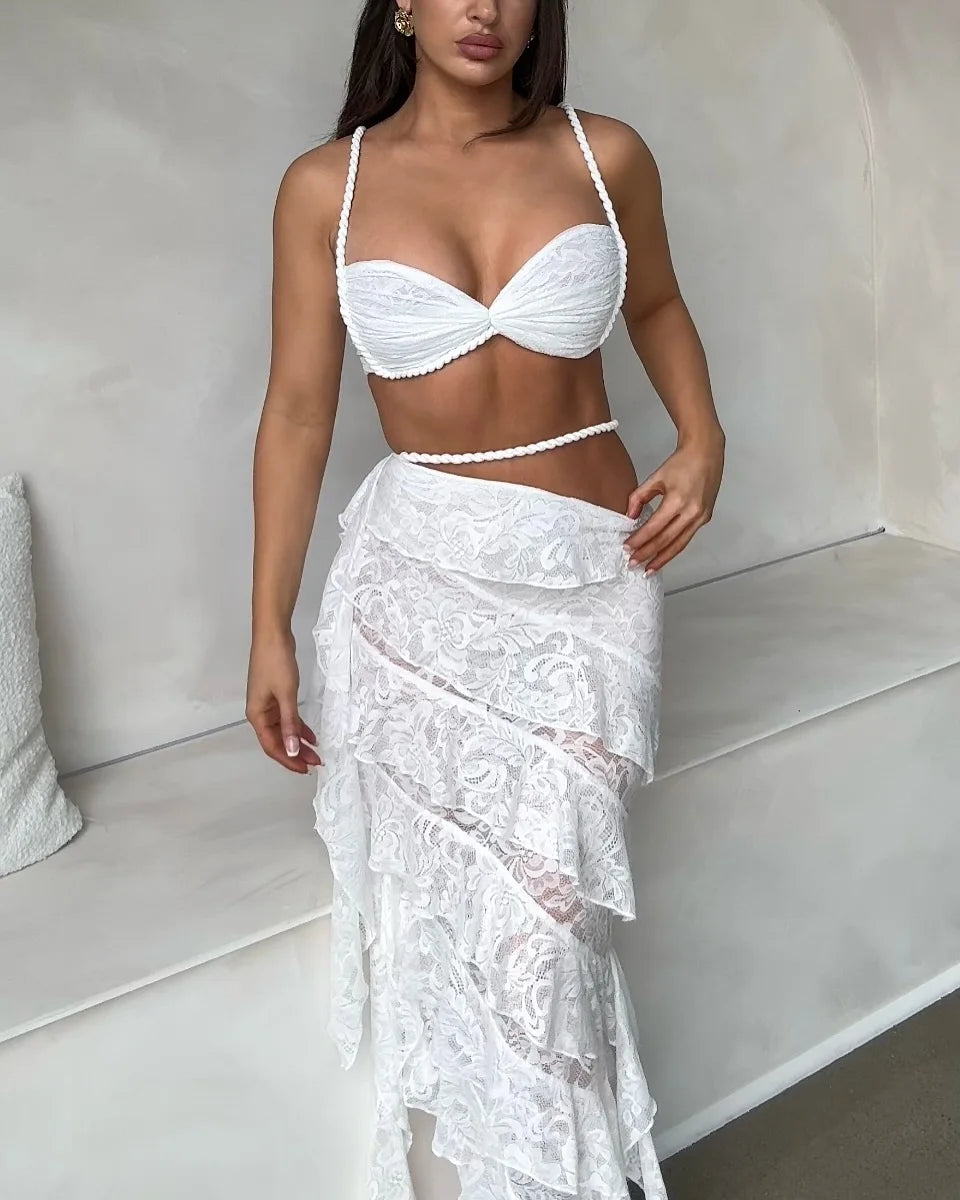 Women's Lace Ruffle Skirt Set Braid Skirt Halter Straps Tube Top Skirt Bra High Waist Chic Beach Set