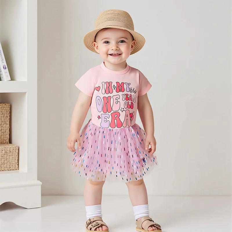 Baby Girls Birthday Clothes Sets 0-18M Short Sleeve Crown Letter Print Tops + Lace Tutu Skirt