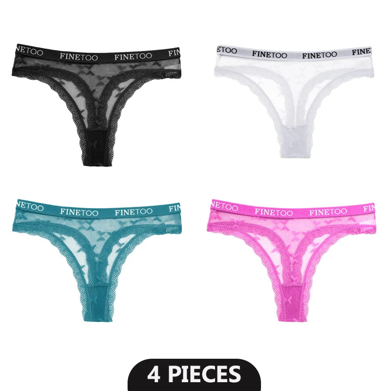 4-Pack Lace Hollow Out Thongs - Women's Floral Low-Waist Breathable Underwear