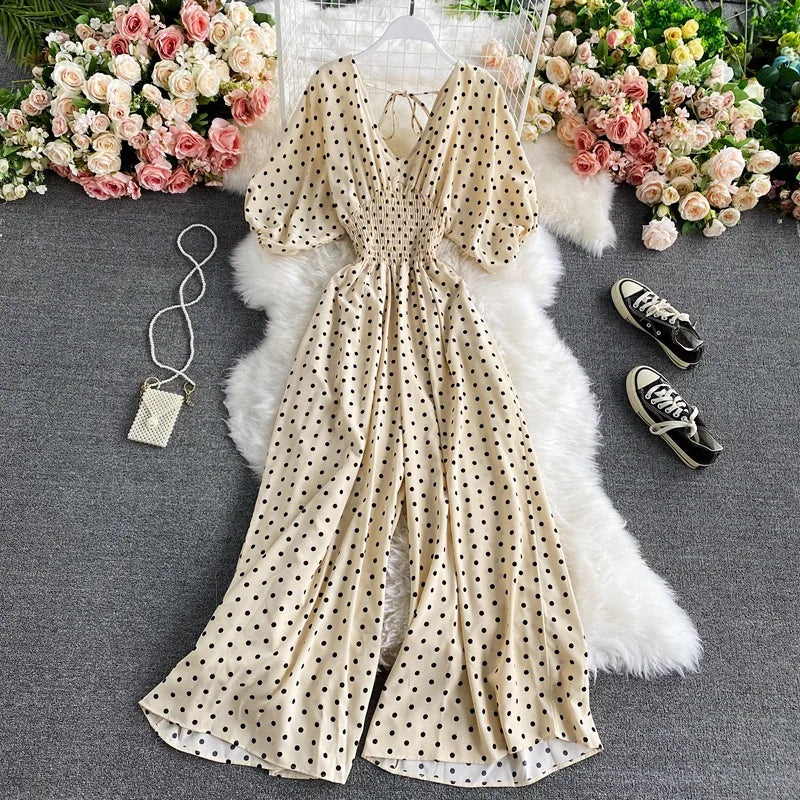 Women's V-Neck Polka Dot Jumpsuit - Wide Leg Trousers with Dolman Sleeves