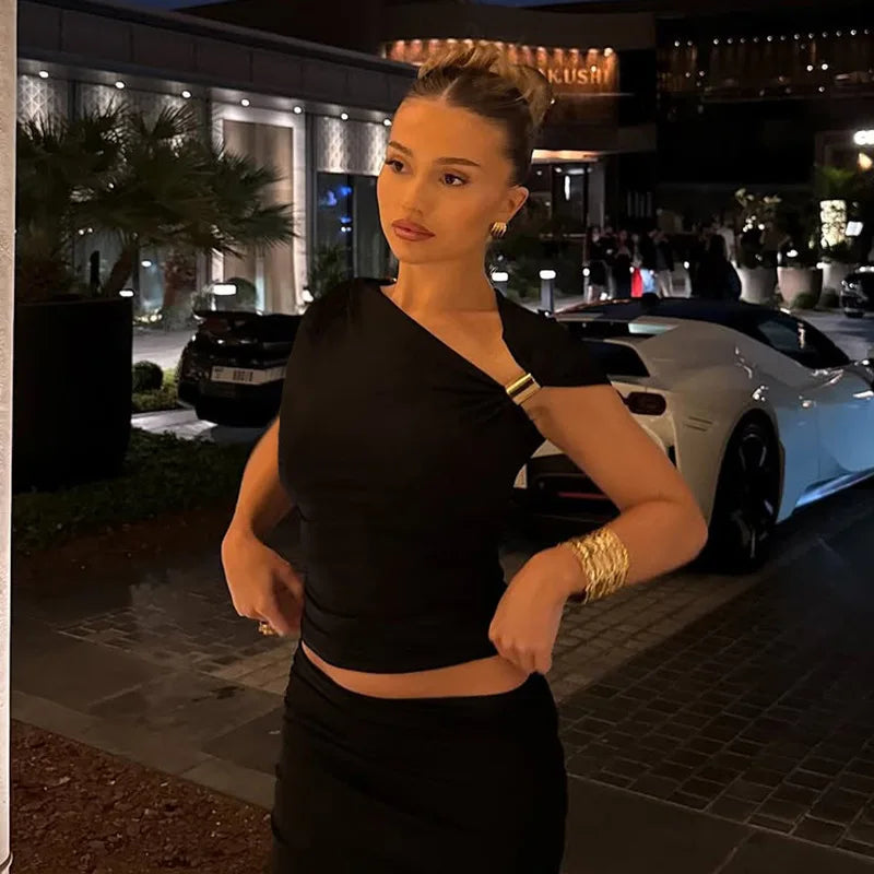 Women's One Shoulder Asymmetrical Summer Fashion Outfit Embellished Backless Cropped Top