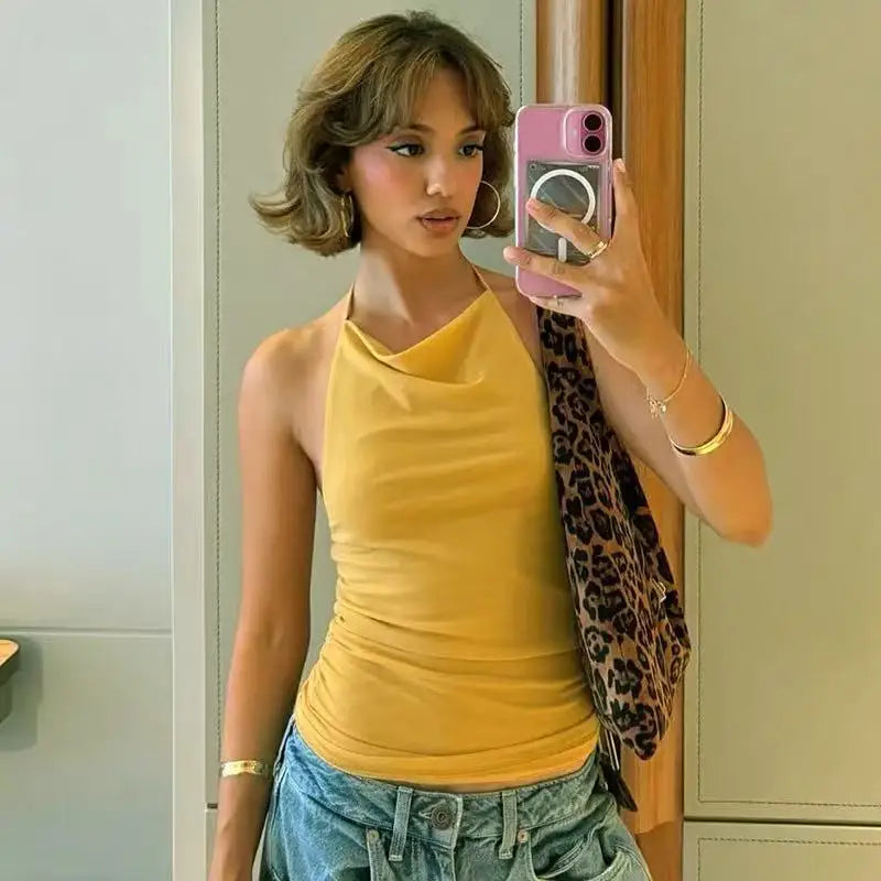 Women's Solid Halter Camisole Top Summer Outfit Backless Ruched Yellow Cropped Top Vest