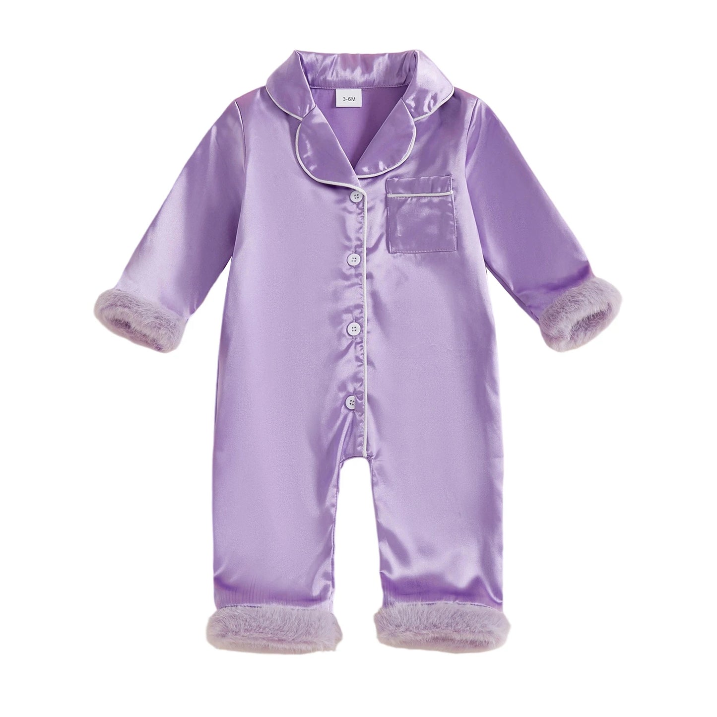 Baby Satin Pajama Romper - Fur Trim Button Down with Lapel