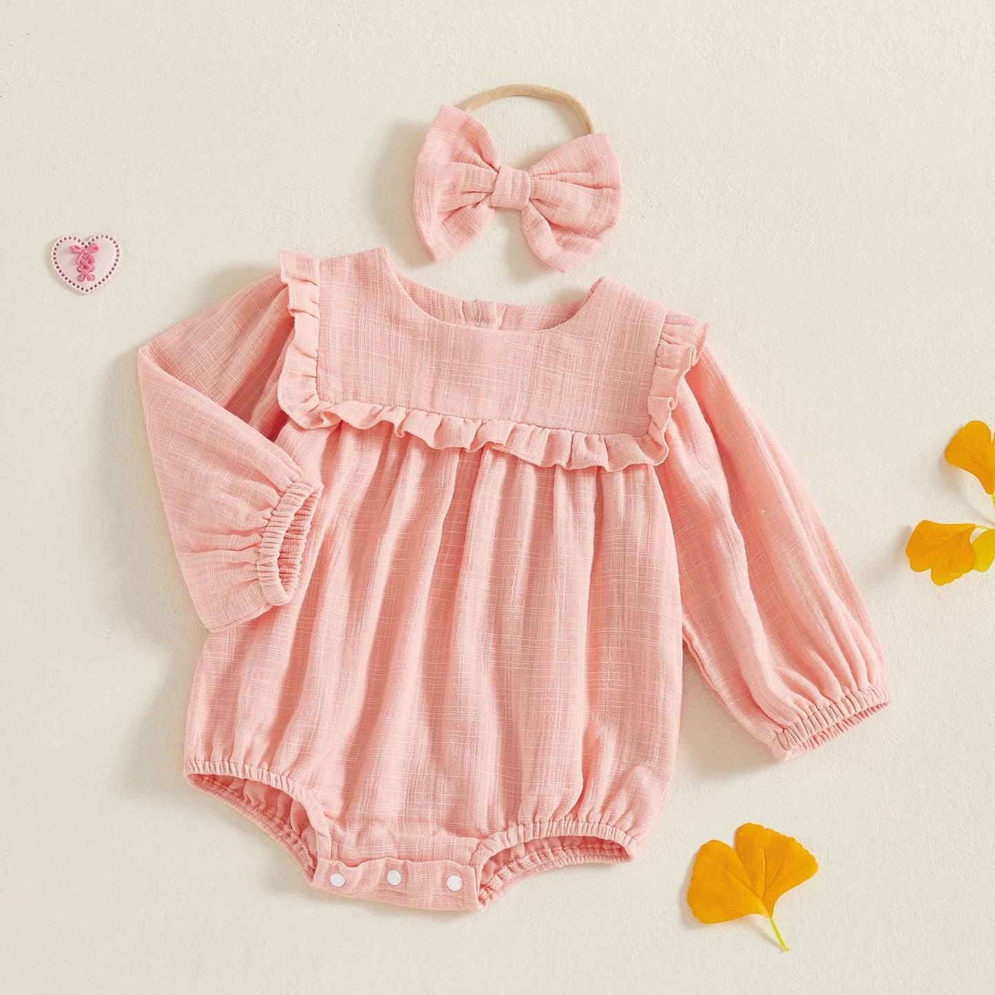 Baby Girls Fall Romper - Solid Color Long Sleeve Round Neck Ruffled Jumpsuit with Bow Headband