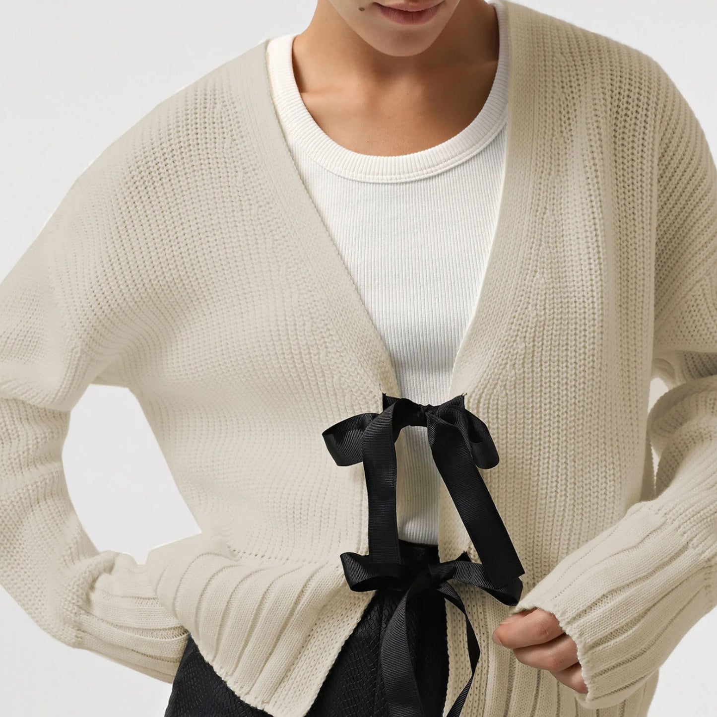 Women's Tie Front Bow Detail Long Sleeve Cardigan Knitted Sweater