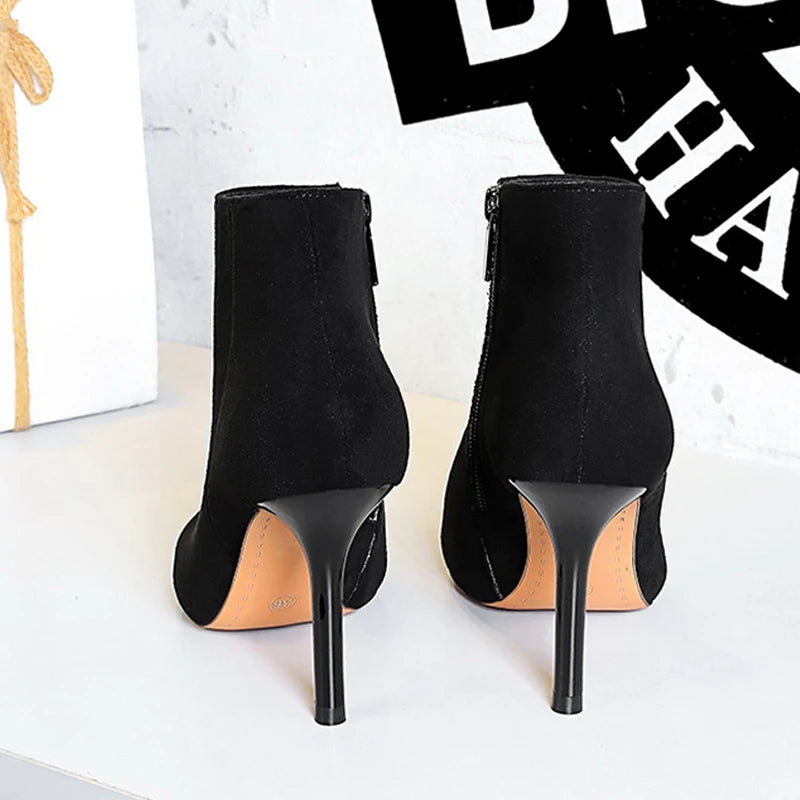 Black Suede Ankle Boots - Pointed Toe Stiletto Heels with Side Zipper