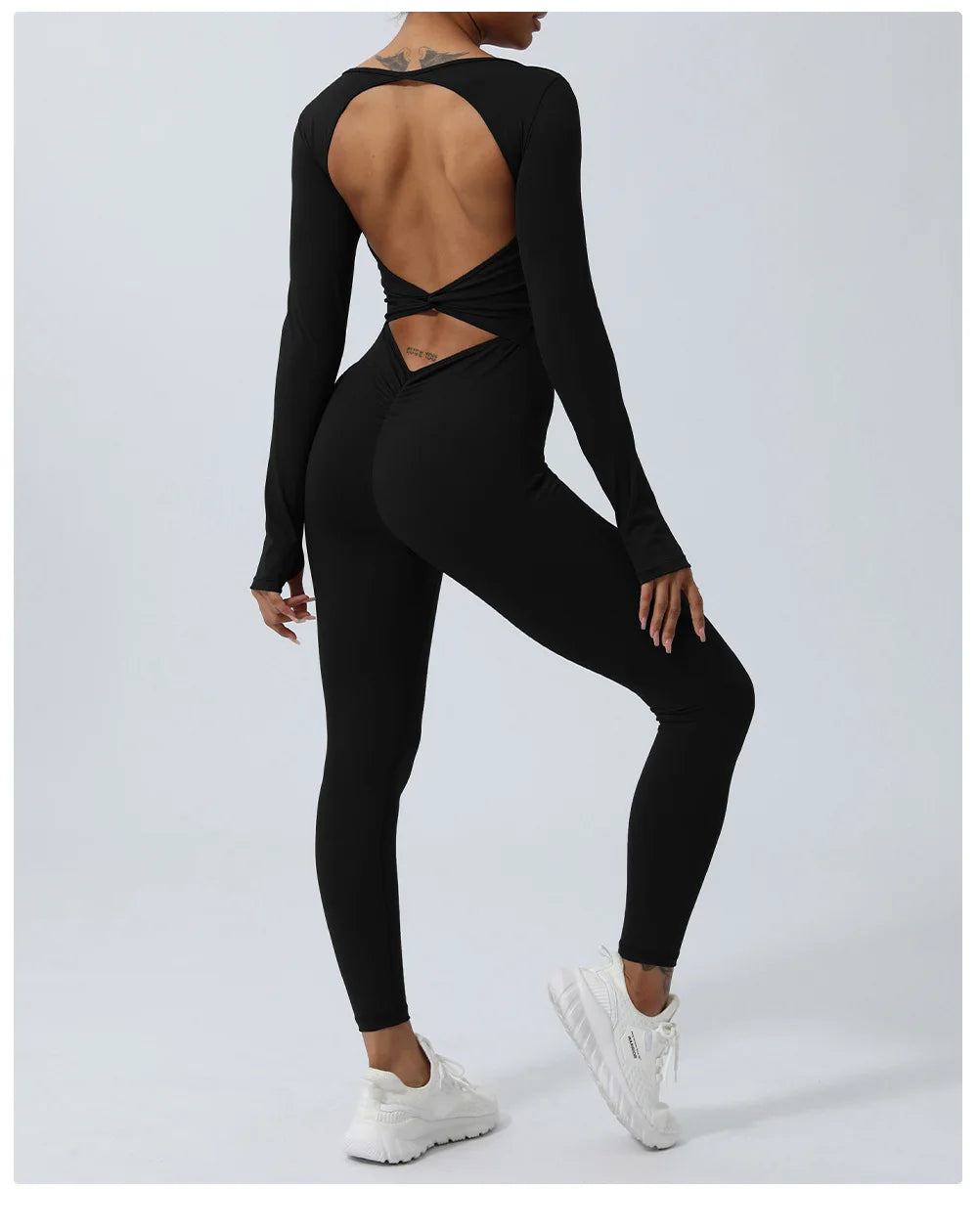 Women's Long Sleeve Gym Jumpsuit - One Piece Yoga Openwork Back Workout Breathable Sportswear