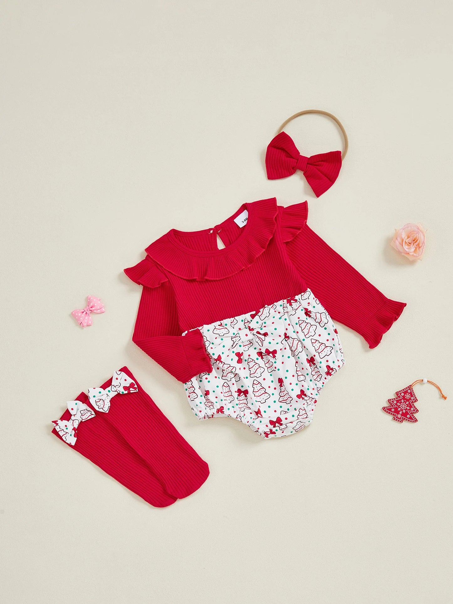 Baby Girls Christmas Romper Set - Santa Tree Bow Print Long Sleeve Ruffle Jumpsuit with Headband & Socks