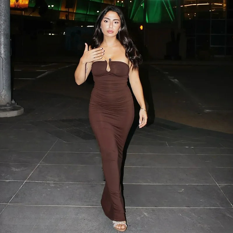 Women's U-neck Tube Top Pleated Bodycon Party Long Sleeveless Dress