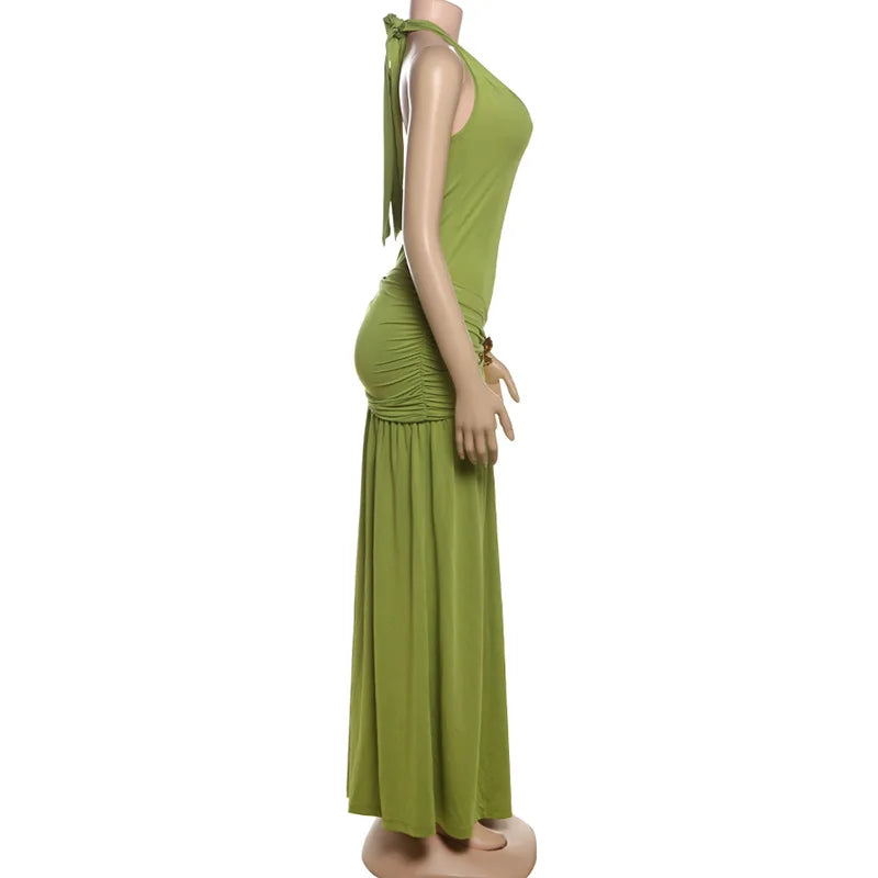 Women's Elegant Halter Ruched Split Maxi Dress - Sleeveless Backless Gown