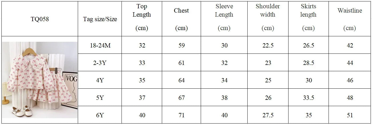 Girl's 2-6 Year Old Bow Print Long Sleeved Lapel Shirt and Skirt Two-piece Set