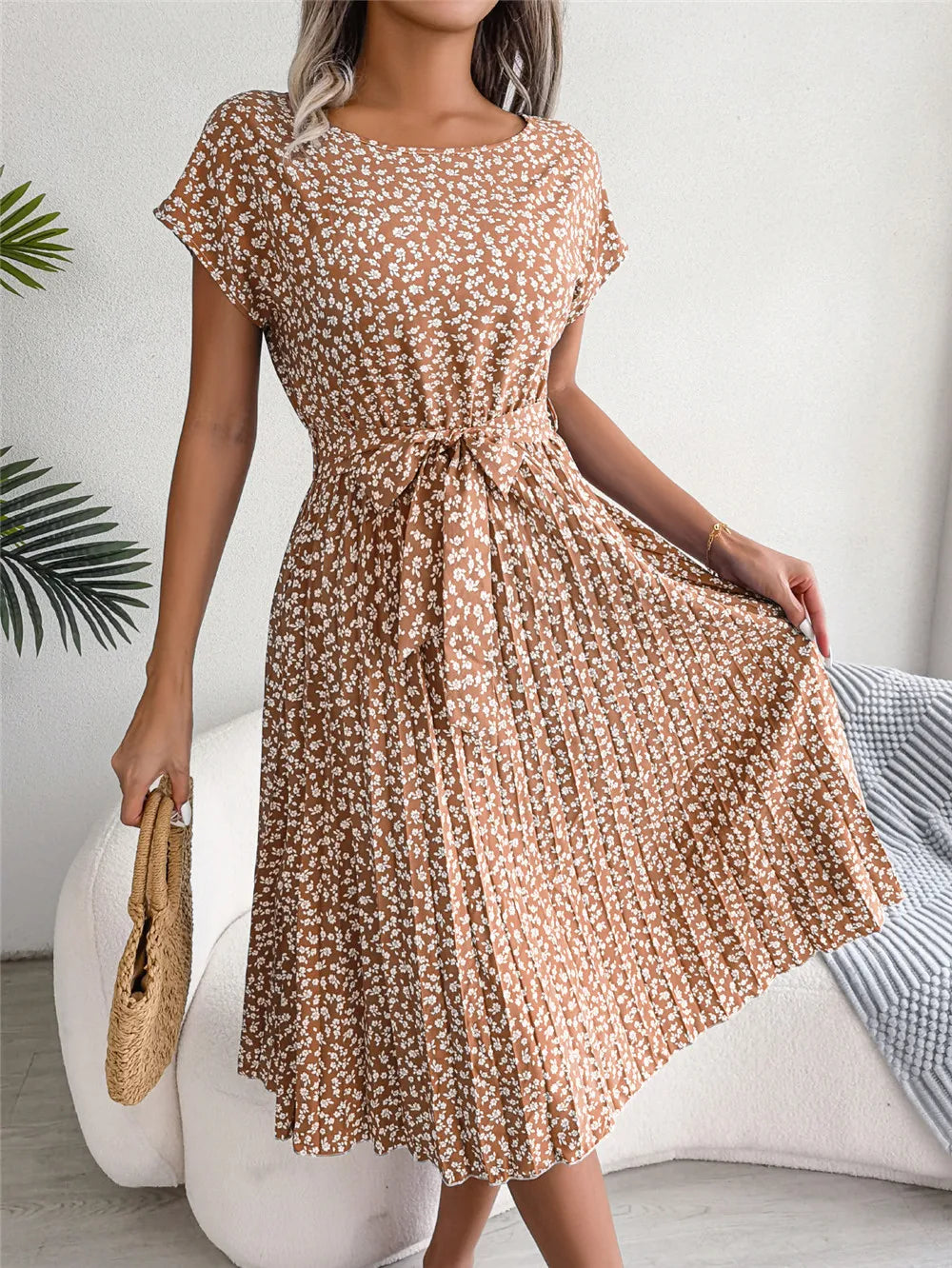 Women's Floral Pleated A Line Long Spring Summer Short Sleeve High Waist Chic Dress