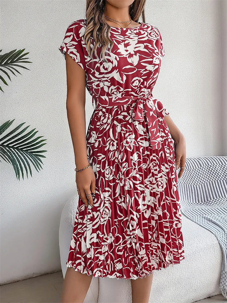 Women's Floral Pleated A Line Long Spring Summer Short Sleeve High Waist Chic Dress