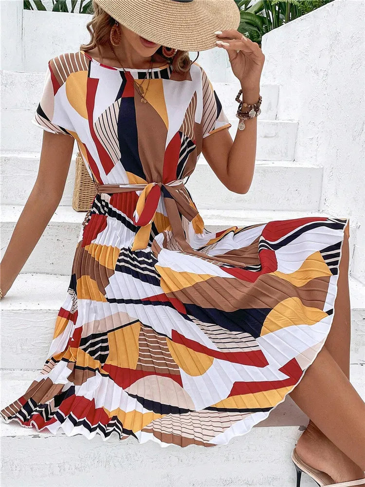 Women's Floral Pleated A Line Long Spring Summer Short Sleeve High Waist Chic Dress