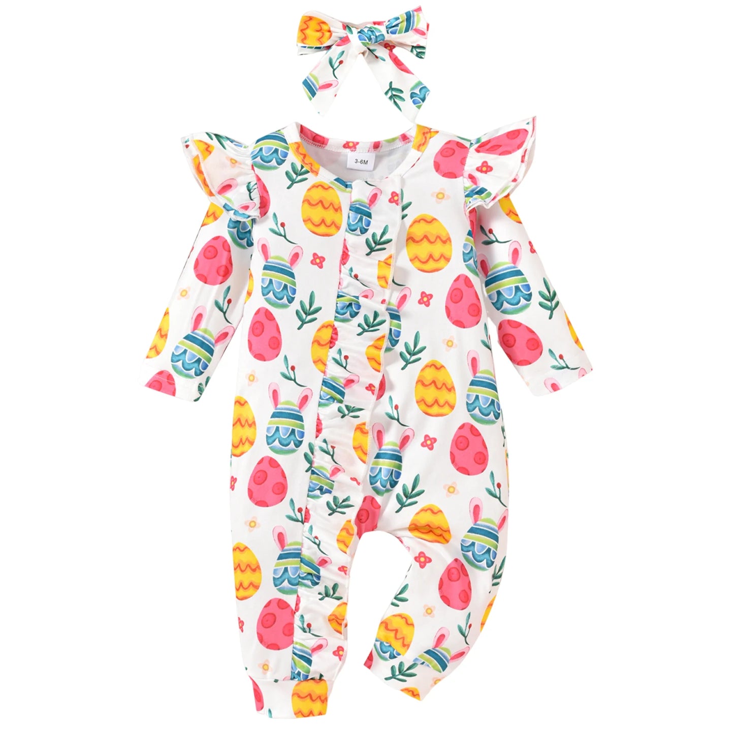 Newborn Baby Easter Jumpsuit - Long Sleeve Rabbit Egg Print Romper with Headband