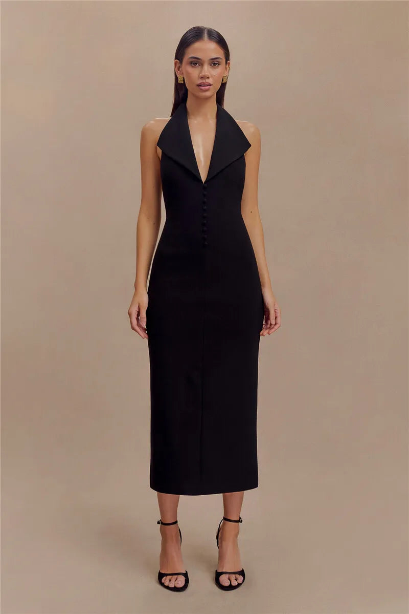 Women's Halter Deep V Neck Sleeveless Maxi Elegant Backless Bodycon Tank Long Dress