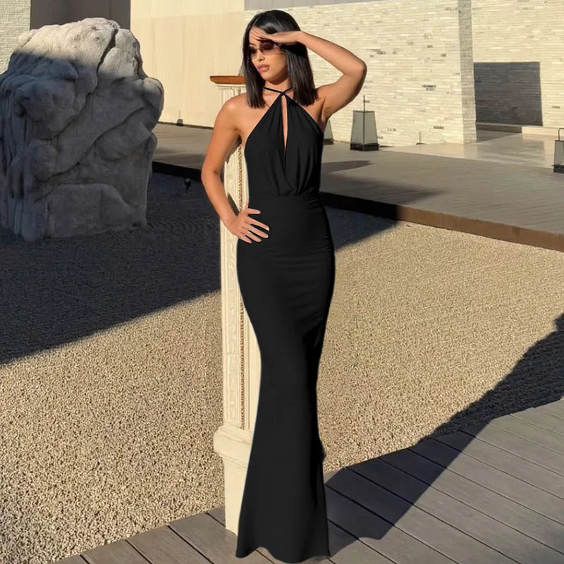 Women's Draped Cut Out Maxi Outfit Gown Backless Solid Plunge Slip Dress