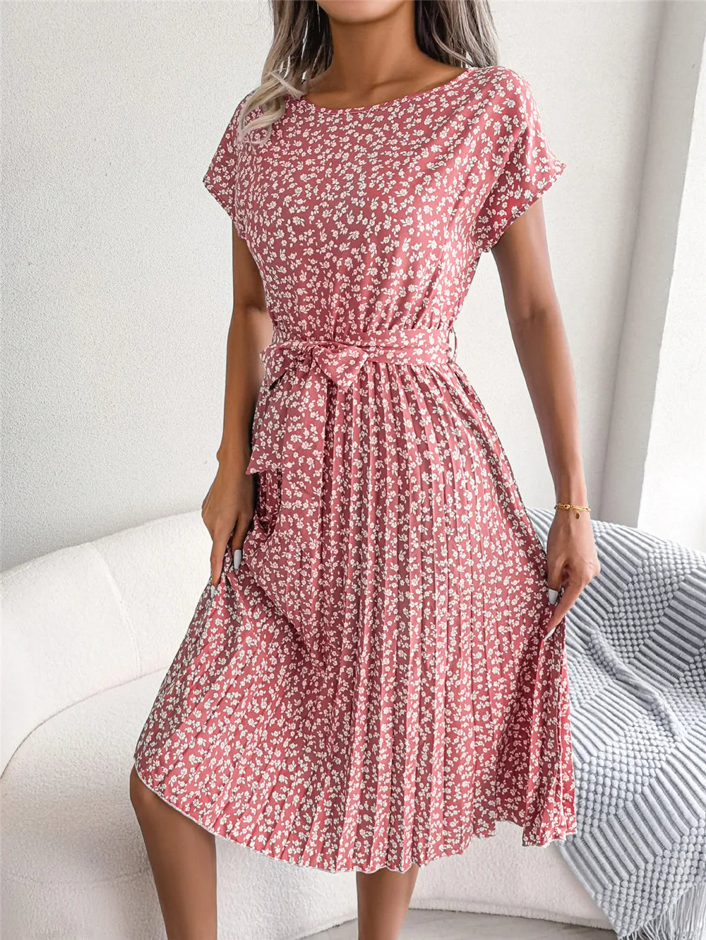 Women's Floral Pleated A Line Long Spring Summer Short Sleeve High Waist Chic Dress