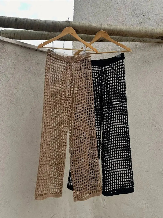 Elegant Wide Leg Knit Pants - Women's Summer Elastic Waist Trousers