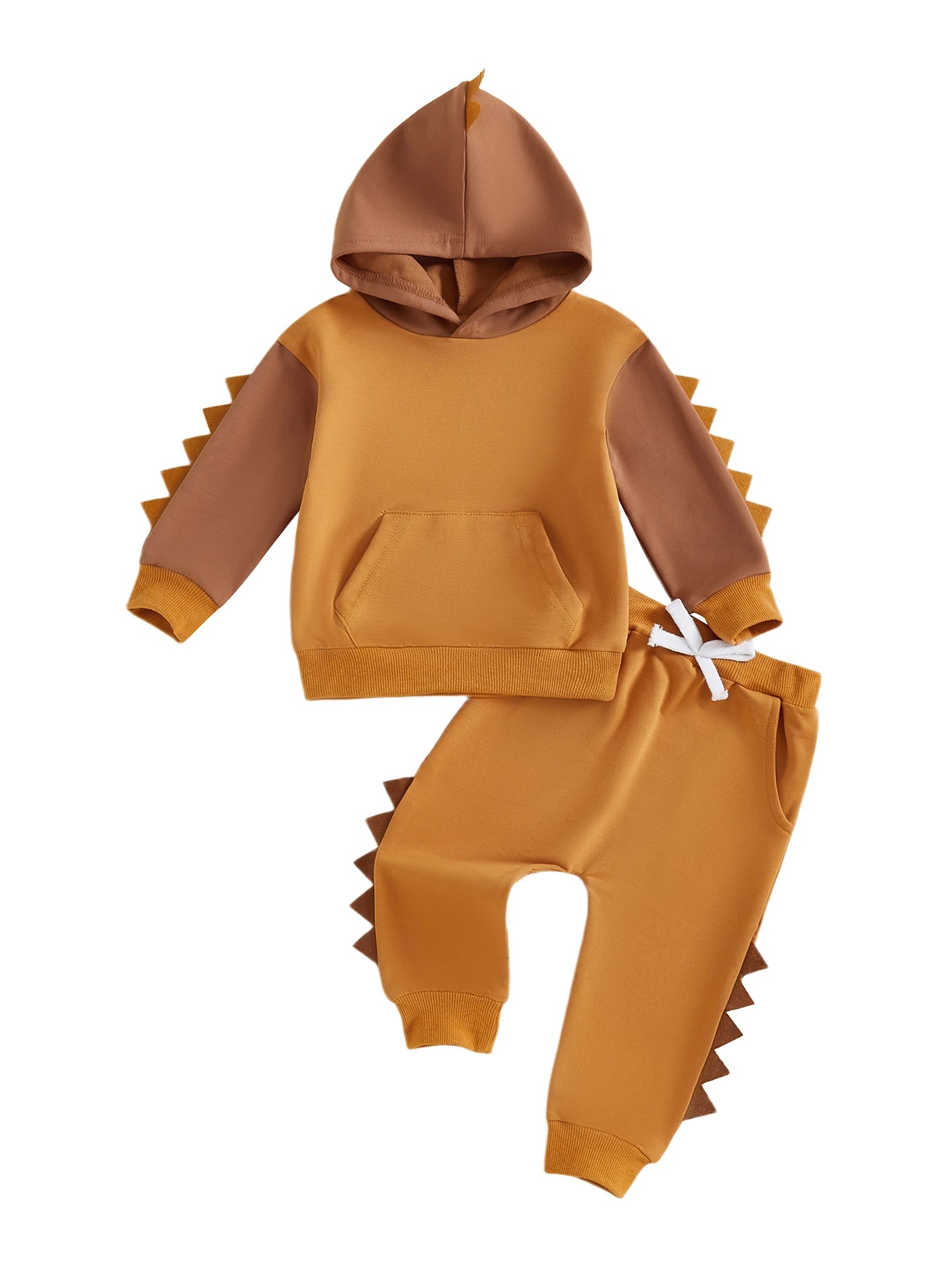 Toddler Dinosaur Hooded Outfit Set - Contrast Color Long Sleeve Top & Pants (0-5Y)