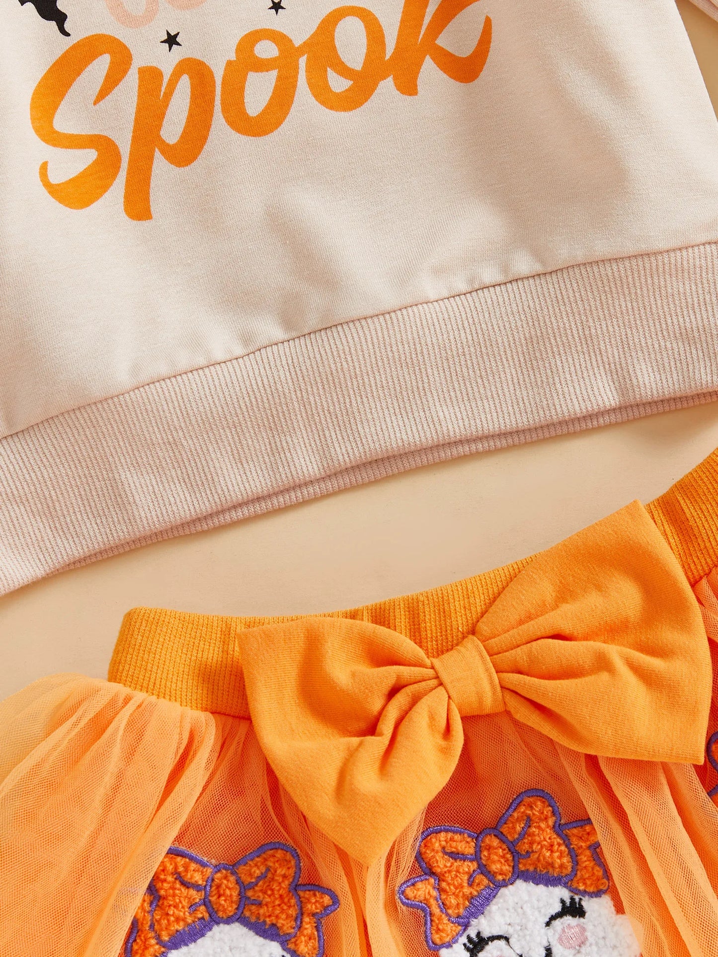 Baby Girl's Halloween Outfit Set - Cartoon Letter Sweatshirt & Ghost Tulle Skirt