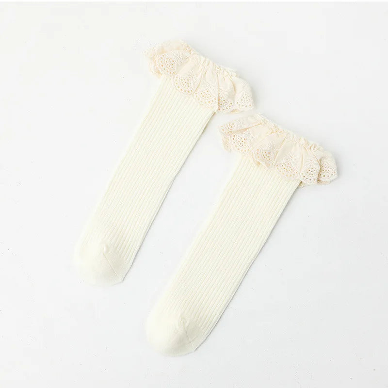 Baby Girls Lace Stocking Ribbed Knit Non-slip Medium Tube Stockings